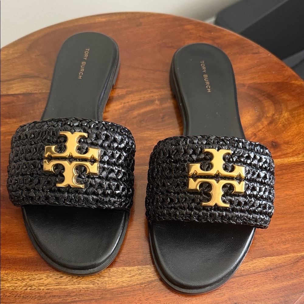 Tory Burch Black Raffia Slide Sandals with Gold Logo Accent